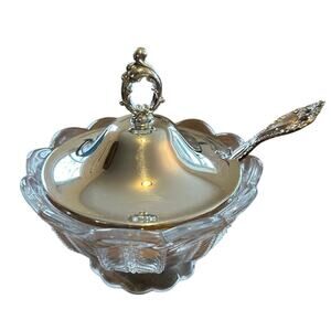 Vintage Glass Sugar Dish with Silver Plated Lid & Spoon Oriel 1881 tea time
